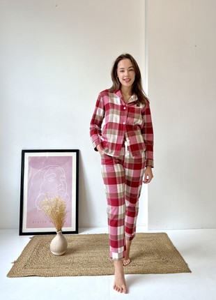 Women's pajamas home suit check COZY pants+shirt red/white F61P
