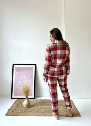 Women's pajamas home suit check COZY pants+shirt red/white F61P2 photo