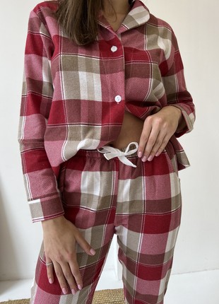 Women's pajamas home suit check COZY pants+shirt red/white F61P4 photo