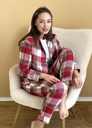 Women's pajamas home suit check COZY pants+shirt red/white F61P5 photo
