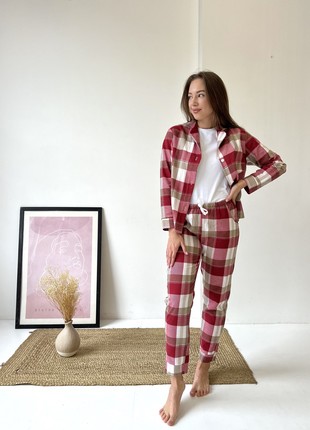 Women's pajamas home suit 3-piece plaid COZY (pants+shirt+t-shirt) red/white F61P+f01ws