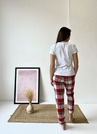 Women's pajamas home suit 3-piece plaid COZY (pants+shirt+t-shirt) red/white F61P+f01ws7 photo