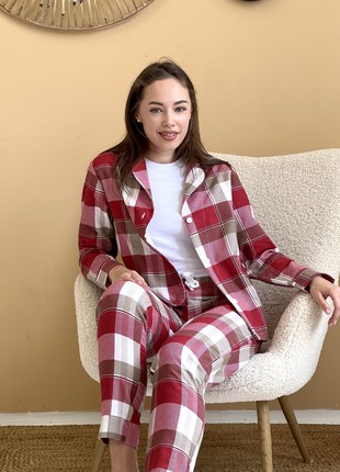 Women's pajamas home suit 3-piece plaid COZY (pants+shirt+t-shirt) red/white F61P+f01ws9 photo