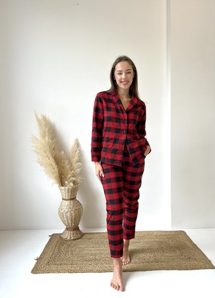 Women's pajamas home suit in checkered COZY pants+shirt red/black F71P