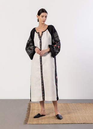 Long linen embroidered dress Cometa Black4 photo