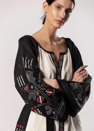 Long linen embroidered dress Cometa Black2 photo