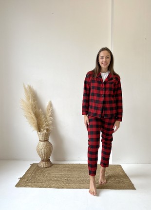 Women's pajamas 3-piece plaid COZY (pants+shirt+t-shirt) red/black F71P+f01ws