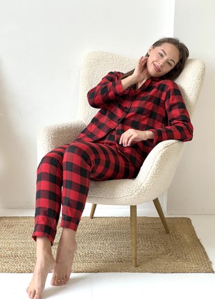 Women's pajamas 3-piece plaid COZY (pants+shirt+t-shirt) red/black F71P+f01ws7 photo