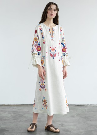 White linen dress with floral embroidery Sobachko1 photo