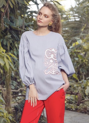 Maternity-friendly blue-white striped cotton blouse1 photo