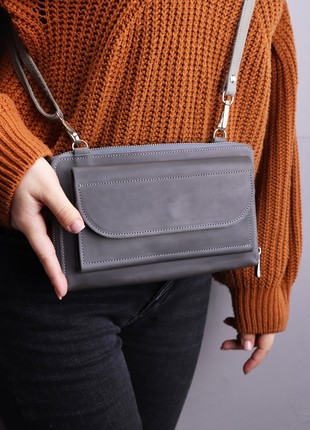 Women's leather shoulder bag wallet with compartment for cards & cell phone/ handmade zipper purse/ Gray - 1028