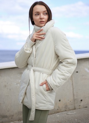 Women`s White Parka Jacket With Belt SHTOYKO5 photo