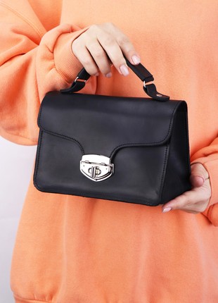 Women's Leather Top Handle Bag/ Small Classic Clutch Bag/ Women's Mini Briefcase/ Black - 1025