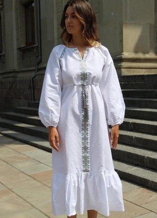 White linen dress with ruffle & silver embroidery