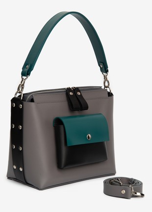 Avrora leather bag. Black, pine green and grey color2 photo