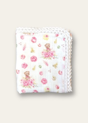 Muslin Baby Blanket with Lace1 photo