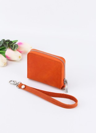 Women's small leather zip around wallet with wrist strap/ compact mini purse with hand strap/ Orange - 030082 photo