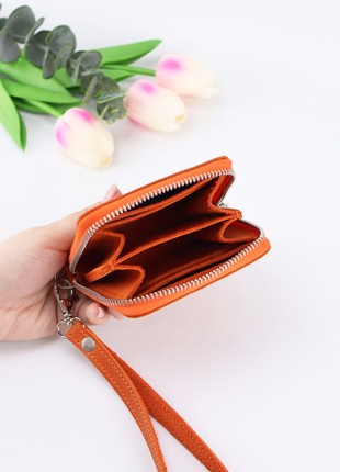 Women's small leather zip around wallet with wrist strap/ compact mini purse with hand strap/ Orange - 030086 photo