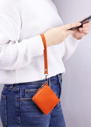 Women's small leather zip around wallet with wrist strap/ compact mini purse with hand strap/ Orange - 03008