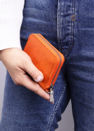 Women's small leather zip around wallet with wrist strap/ compact mini purse with hand strap/ Orange - 030083 photo