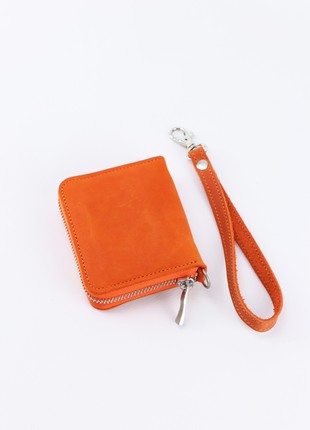Women's small leather zip around wallet with wrist strap/ compact mini purse with hand strap/ Orange - 030085 photo
