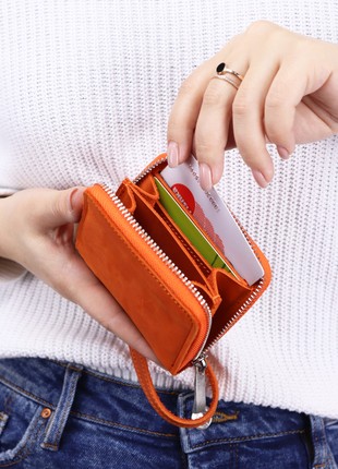 Women's small leather zip around wallet with wrist strap/ compact mini purse with hand strap/ Orange - 030084 photo