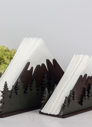 Wooden Cocktail Napkin Holder with Mountains & Forest Design3 photo