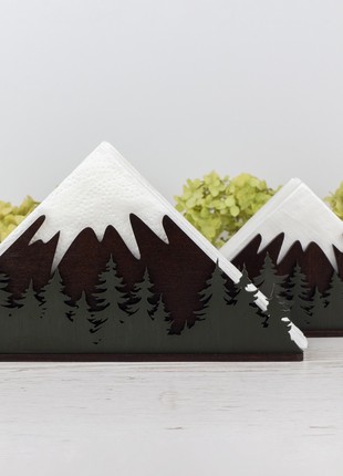 Wooden Cocktail Napkin Holder with Mountains & Forest Design10 photo