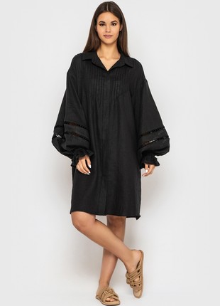 Black Linen Dress with Lace and Puffy Sleeves4 photo