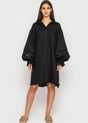 Black Linen Dress with Lace and Puffy Sleeves5 photo