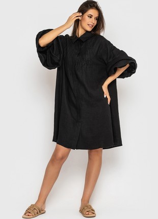 Black Linen Dress with Lace and Puffy Sleeves8 photo