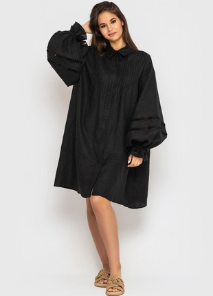 Black Linen Dress with Lace and Puffy Sleeves9 photo