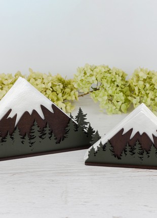 Wooden Luncheon Napkin Holder with Mountains & Forest Design6 photo