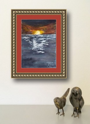 Watercolor painting of a sunset and a sea Autumn landscape in a watercolor painting. Painting of nature