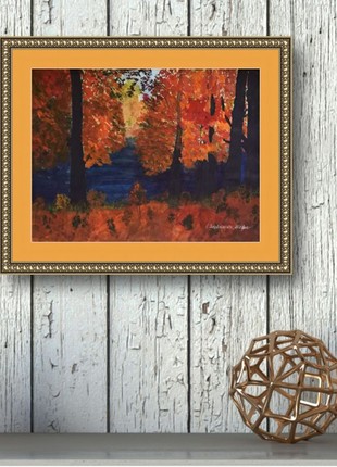 Watercolor painting of autumn trees on the lake shore. Autumn landscape in watercolor painting. Nature painting
