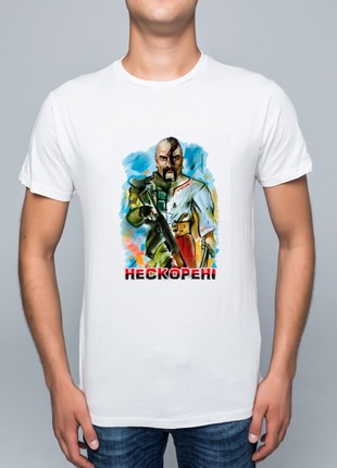 White T-shirt with Ukrainian patriotic print Unconquered