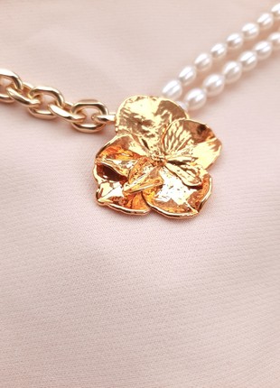 Necklace with Real pearl and Hydrangea flower5 photo