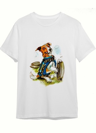 White T-shirt with Ukrainian patriotic print Dog Patron2 photo