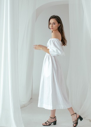 White Linen Smocked Dress for Women2 photo