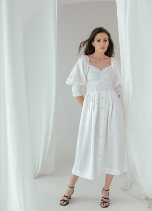 White Linen Smocked Dress for Women3 photo
