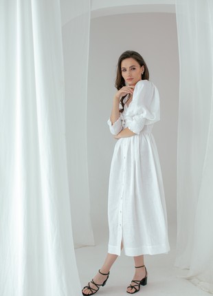 White Linen Smocked Dress for Women4 photo
