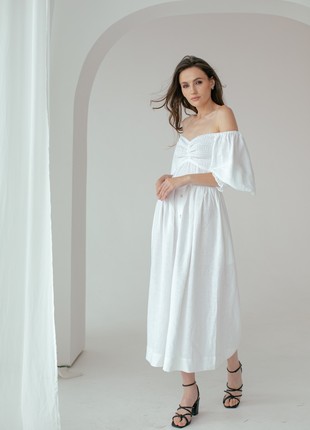 White Linen Smocked Dress for Women6 photo