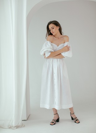 White Linen Smocked Dress for Women7 photo