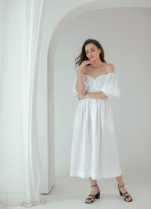 White Linen Smocked Dress for Women8 photo