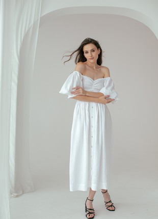 White Linen Smocked Dress for Women9 photo