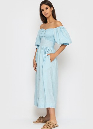 Blue Linen Smocked Dress for Women5 photo