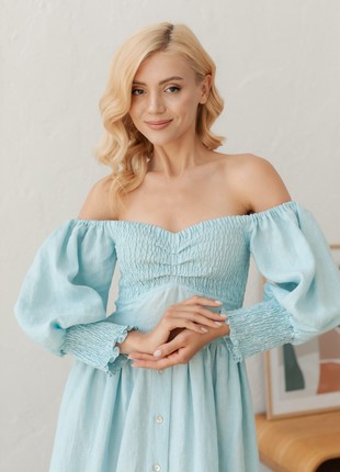 Blue Linen Smocked Dress for Women4 photo