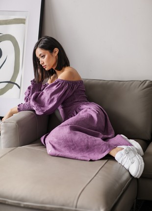 Plum Linen Smocked Dress for Women2 photo