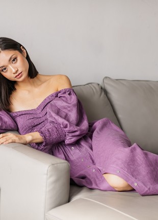Plum Linen Smocked Dress for Women5 photo