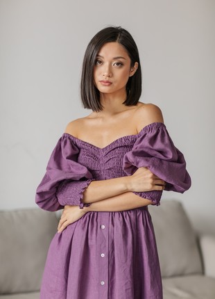 Plum Linen Smocked Dress for Women7 photo
